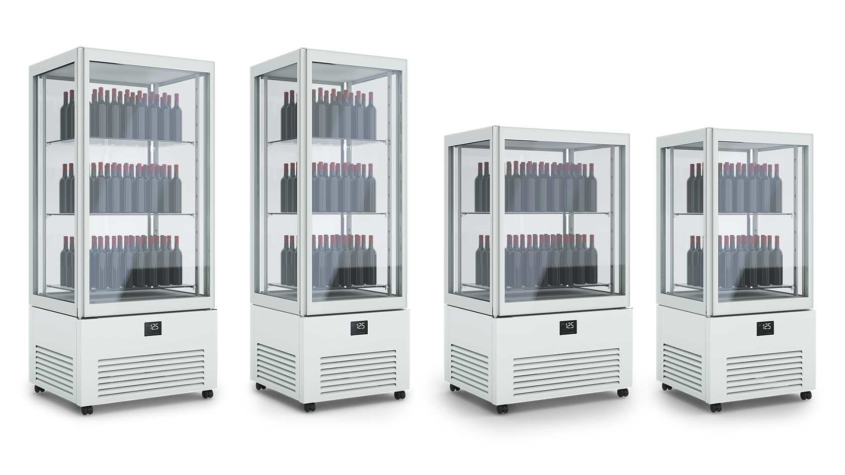 Verticale refrigerato K2 in quattro dimensioni, colore bianco puro RAL 9010, con funzionalità vini.
